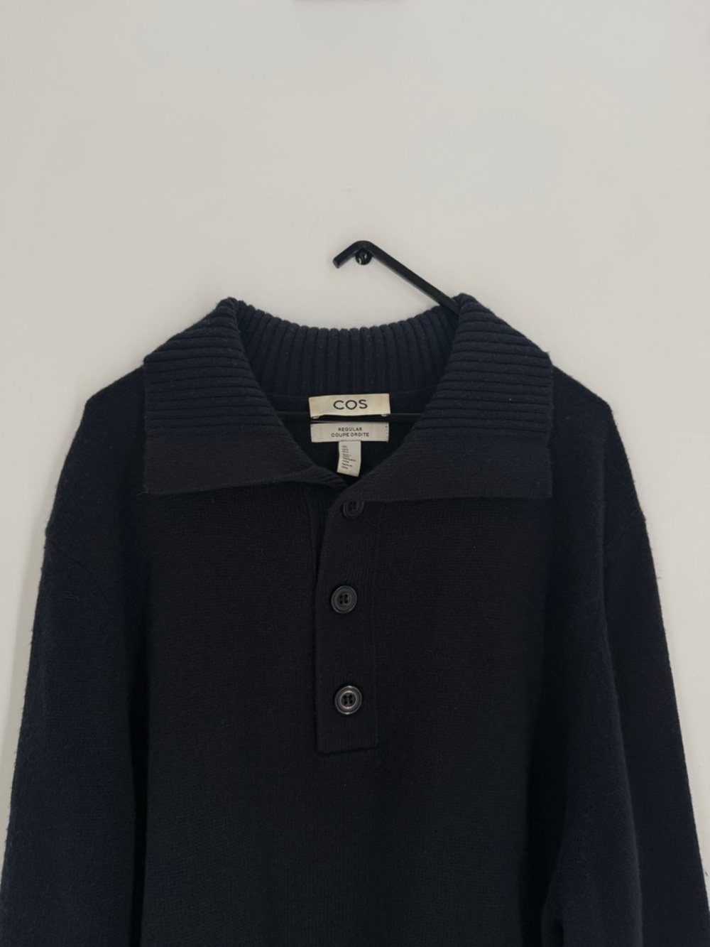 Cos Regular Fit Wool Cashmere Polo Half Placket Collared Dark Navy Black Shirt